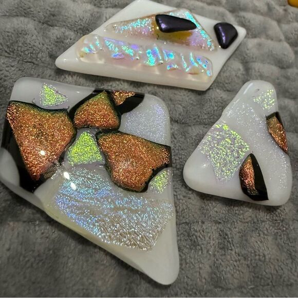 White Dichroic Art Glass Pieces – Iridescent Copper, Violet & Gold Accents - Picture 10 of 17
